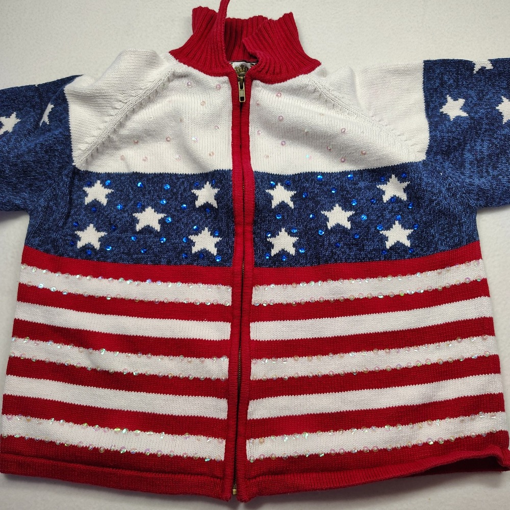 Vtg Tiara International American Flag Sequin Zip Up Cardigan Sweater‎ XL - Picture 3 of 13